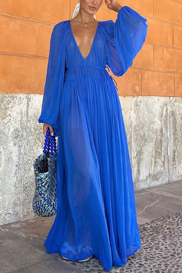 Plunging V-Neck Bishop Sleeve Empire Waist Plisse Pleated Maxi Dress