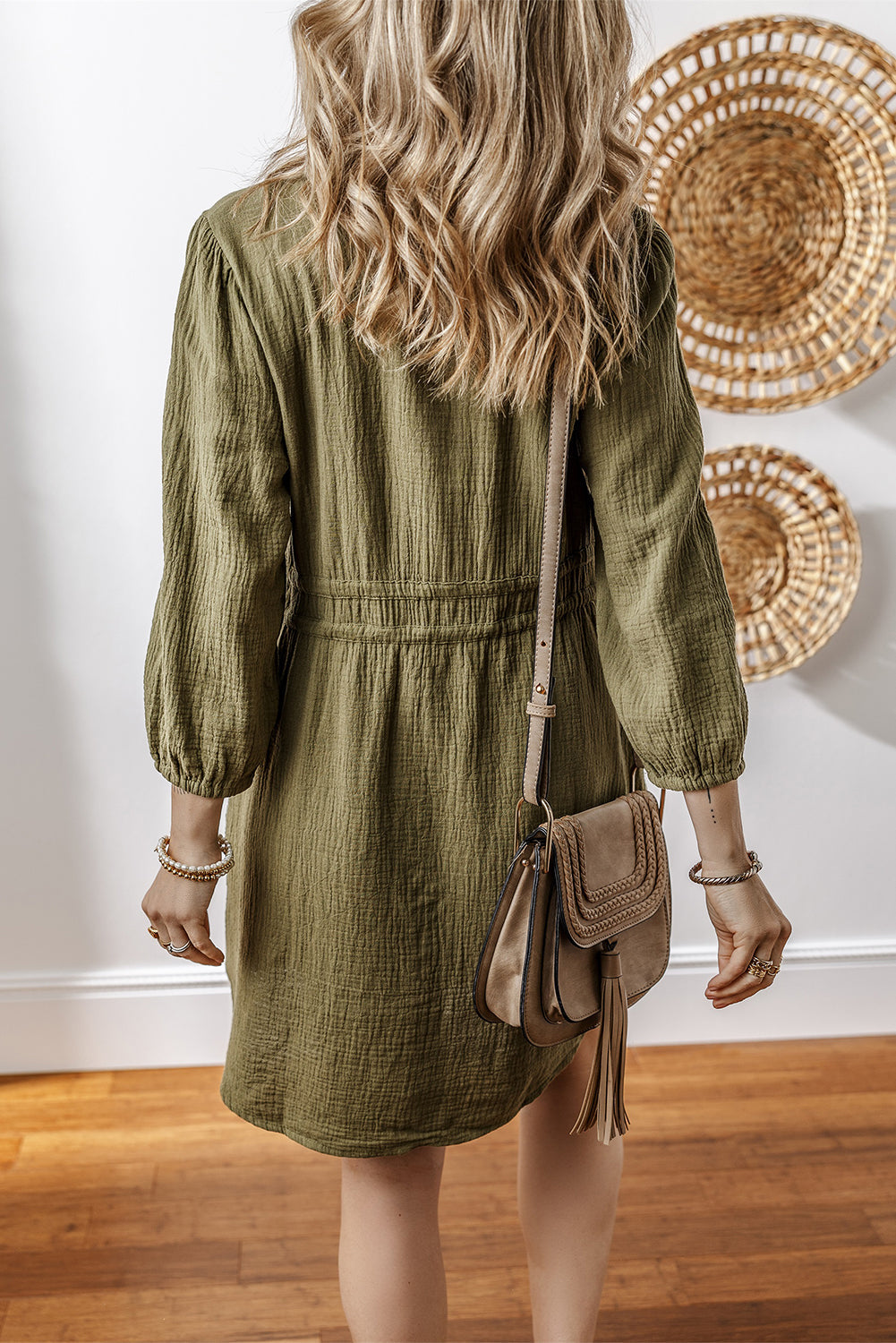 Crinkle Texture Collared Drawstring Waist Puff Sleeve Pocket Shirt Mini Dress