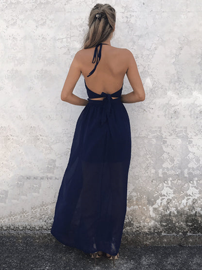 Maxi Dress Halter Twisted Long Split Backless Dark Navy Chiffon Sexy Dress