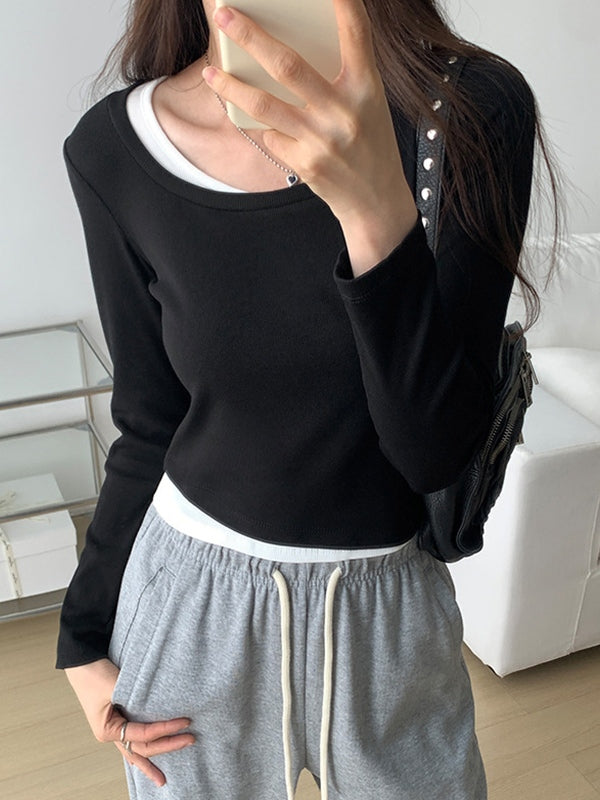 Contrast Color Fake Two Piece Long Sleeve Knit