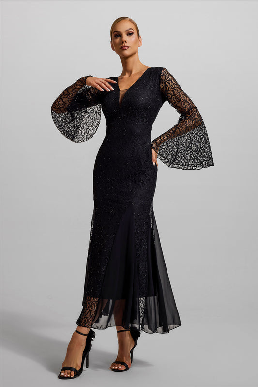 Lace Solid V-Neck Ball Sleeve Midi Dress