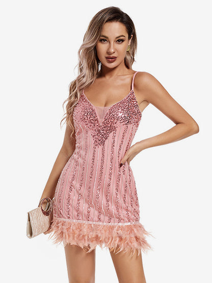 Vintage Mini Dress Spaghetti Straps Feather Sequin Embellished Party Dresses