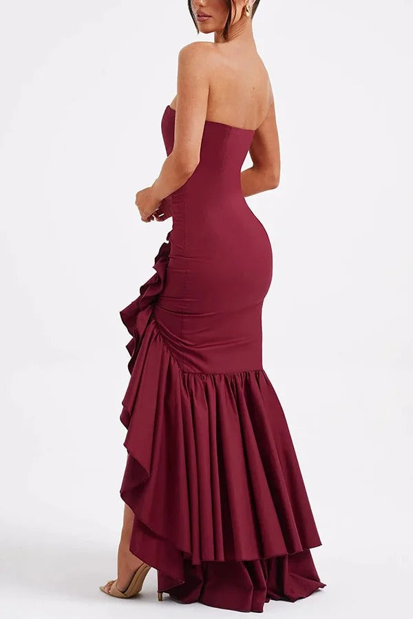 Strapless Ruched Hip Cascade Tiered Ruffle High-Low Maxi Gown