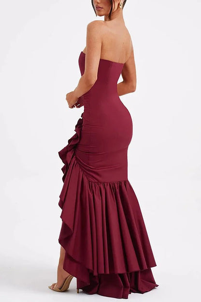 Strapless Ruched Hip Cascade Tiered Ruffle High-Low Maxi Gown