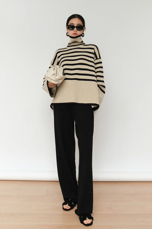 Striped High Neck Oversized Knit Sweater