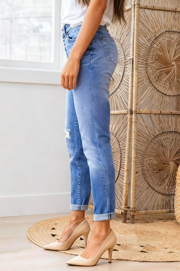 Stylish High-waisted Button-down Casual Pocket Ripped Jeans