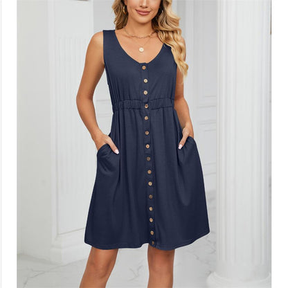 Solid Color Sleeveless Mini Dress with Button Details