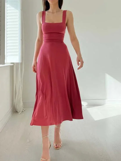 Square Neck Wide Strap Sleeveless Fit and Flare Midi Dress