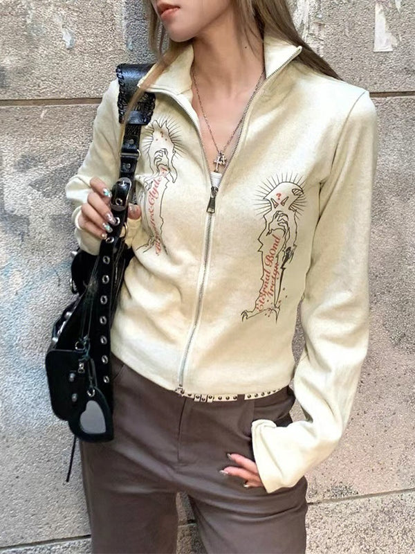 Vintage Print Lapel Neck Zip Up Long Sleeve Knit