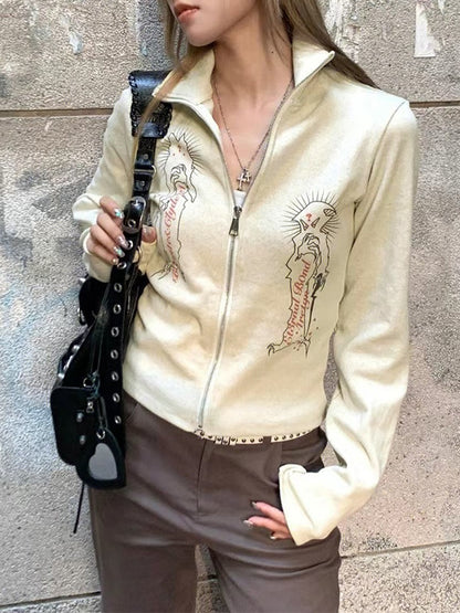 Vintage Print Lapel Neck Zip Up Long Sleeve Knit