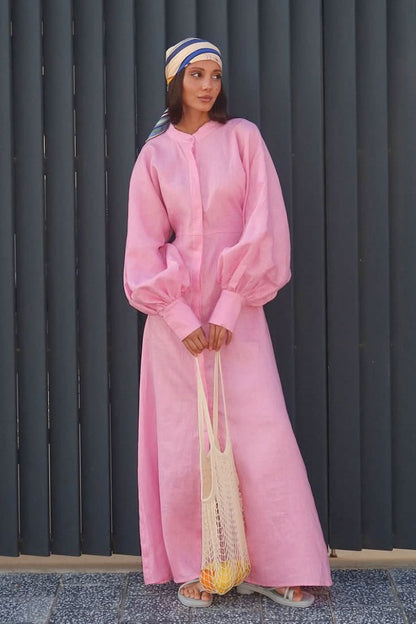 Mandarin Collar Button Front Puff Sleeve High Waist A-Line Linen Maxi Dress