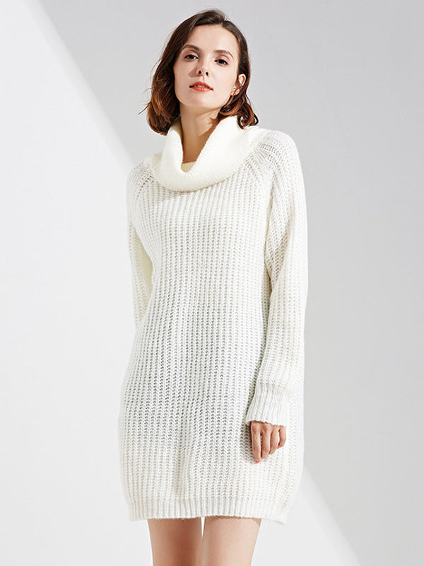 Slouchy Knitted Dress Turtleneck Long Sleeves Ribbed Cuff Mini Dresses