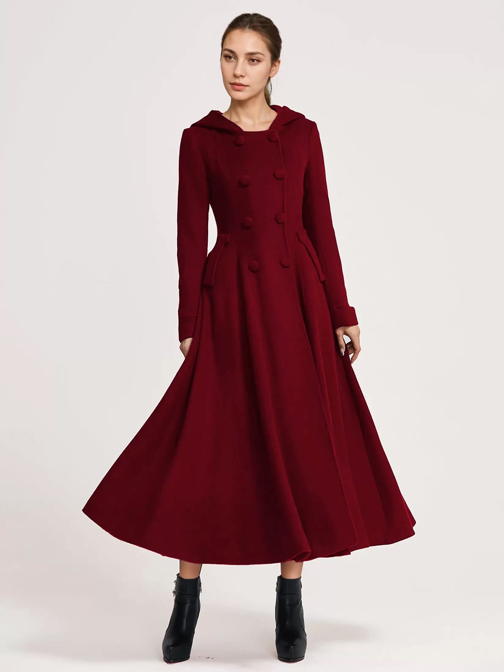 Woolen Flared Coat With Hood Dark Navy Double-breasted Elegant A-line Winter Long Outerwear For Women 2026