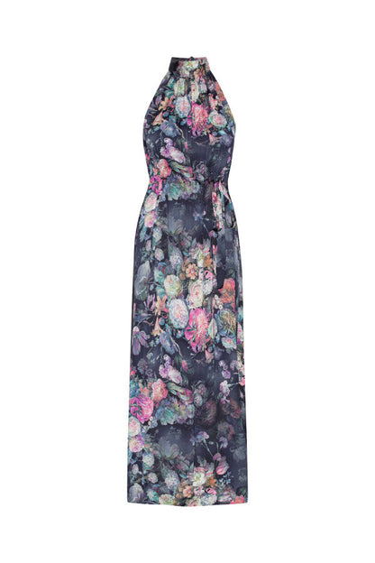 Elegant Vintage Rose Print Tie Halterneck Maxi Dress
