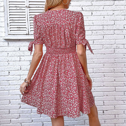 V-Neck Floral Print Split Mini Dress in Red for Women