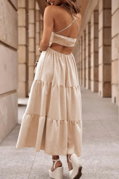 Oatmeal Crossover Backless Bodice Tiered Maxi Dress