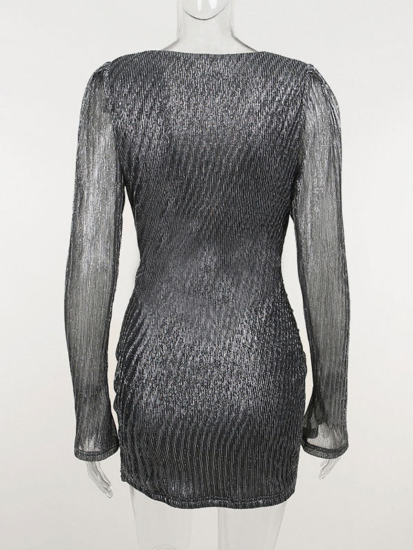 Textured Mini Dress Plunge Faux Wrap Skirt Ruched Birtyday Party Dresses