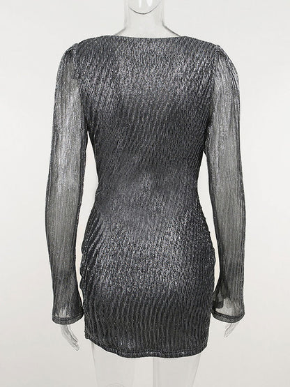Textured Mini Dress Plunge Faux Wrap Skirt Ruched Birtyday Party Dresses