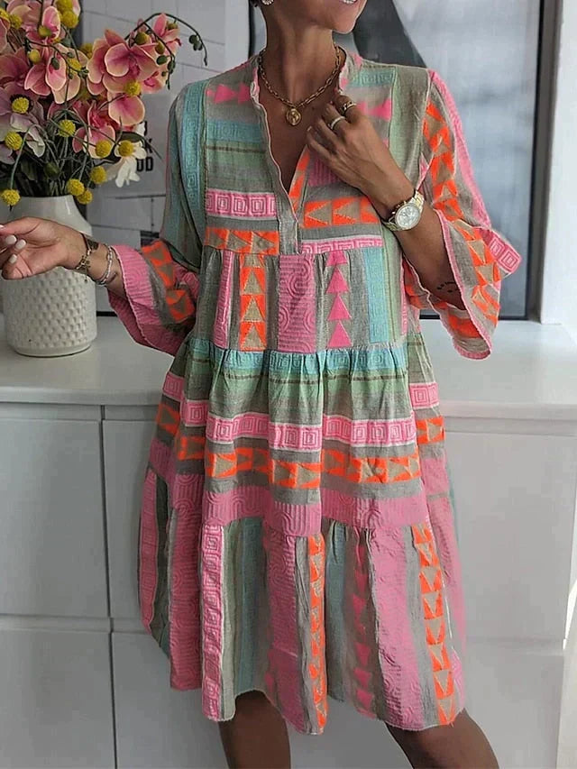 Geometric Print Mandarin Collar V-Neck Bell Sleeve Tiered Smock Mini Dress