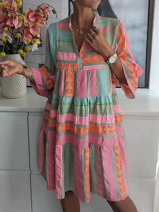 Geometric Print Mandarin Collar V-Neck Bell Sleeve Tiered Smock Mini Dress