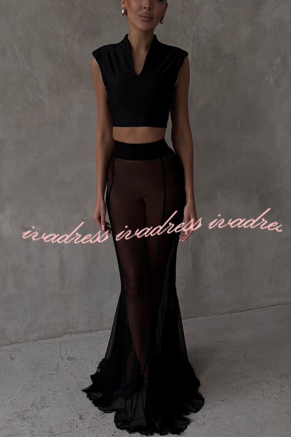 Shes Timeless Mesh High Rise Elastic Waist Fishtail Maxi Skirt