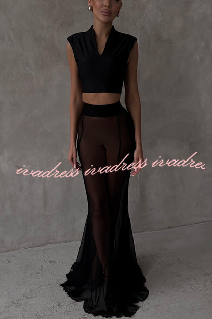 Shes Timeless Mesh High Rise Elastic Waist Fishtail Maxi Skirt