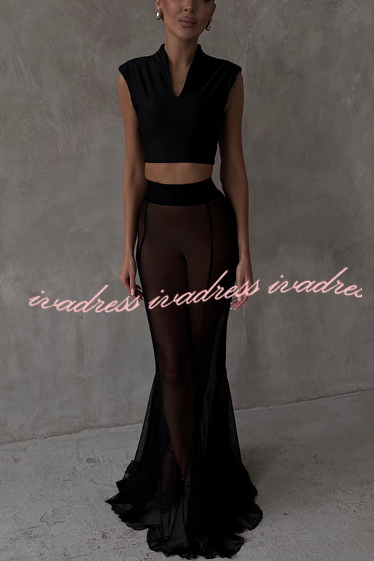 Shes Timeless Mesh High Rise Elastic Waist Fishtail Maxi Skirt