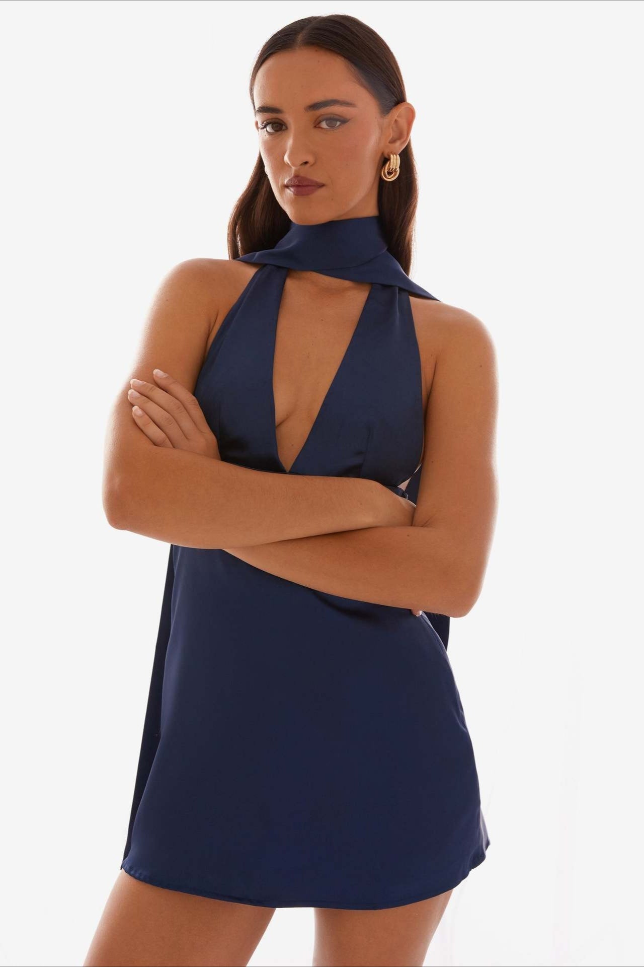 Satin Halter Scarf Tie Deep V-Neck Open Side Backless Mini Dress