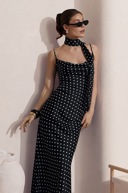 Cowl Neck Polka Dot Neck Scarf Spaghetti Strap Bodycon Midi Dress