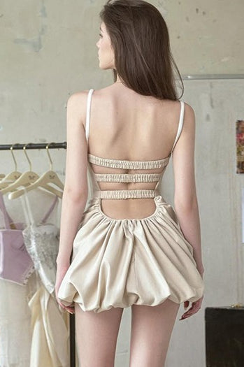 Spaghetti Strap Corset Bodice Draped Bubble Hem Mini Dress