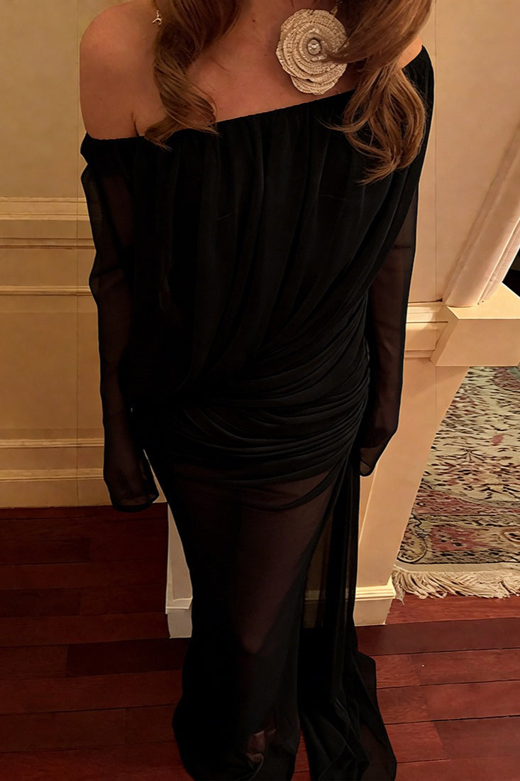 Solid Mesh Sheer Off Shoulder Ruched Elegant Maxi Dress