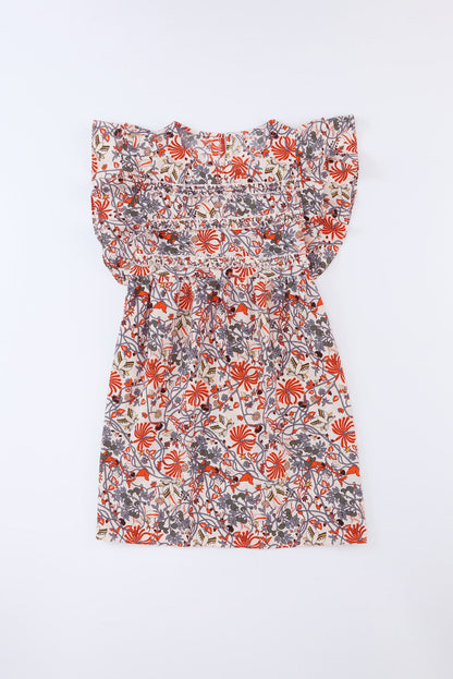 Round Neck Ruffled Flutter Sleeve Floral Mini Dress