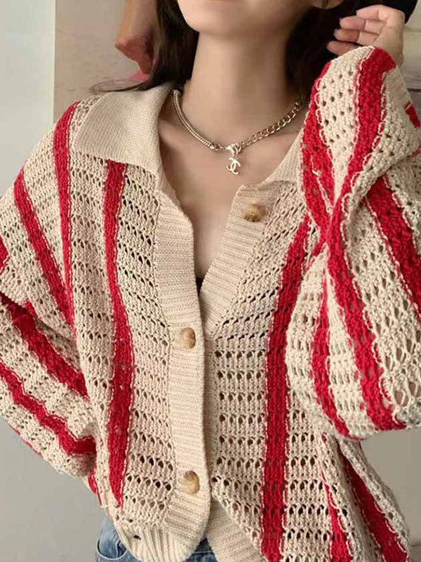 Cutout Striped Baggy Cardigan