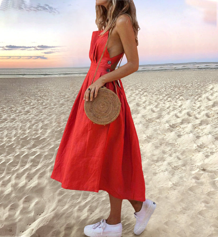 Backless Square Neck Button Side Cut Out A-Line Midi Dress