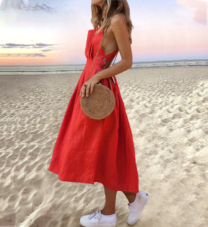 Backless Square Neck Button Side Cut Out A-Line Midi Dress