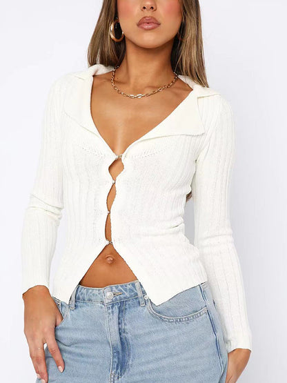 Solid Lapel Neck Knit Cardigan