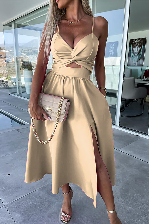 Twist Front Spaghetti Strap Cutout Crop Top High Slit Midi Skirt Set