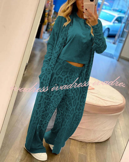 Comfort first Leopard Print Pocket Long Sleeve Cardigan Elastic Waist Pants Set