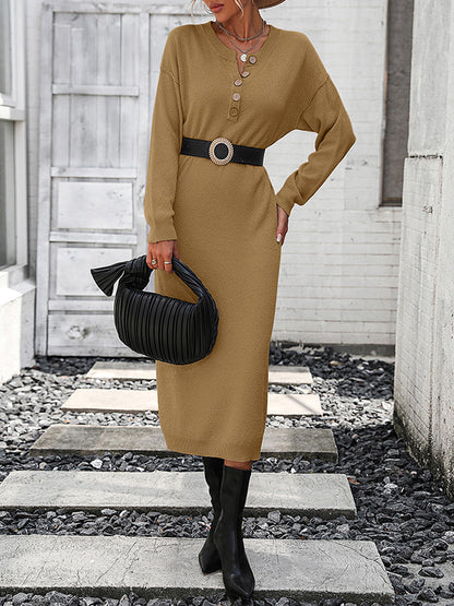 Long Sleeves Loose Buttoned Split-Joint Round-Neck Midi Dresses Sweater Dresses