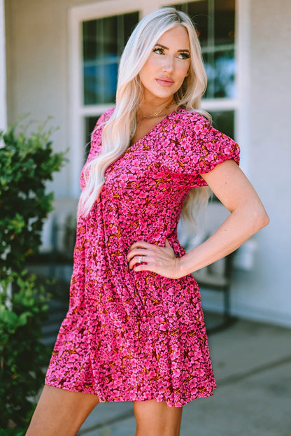 Rose Floral Print Puff Sleeve Babydoll Mini Dress