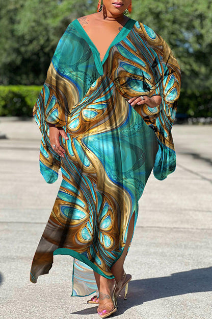 Sexy Plus Size Satin Print V-neck Batwing Sleeve Slit Loose Maxi Dress