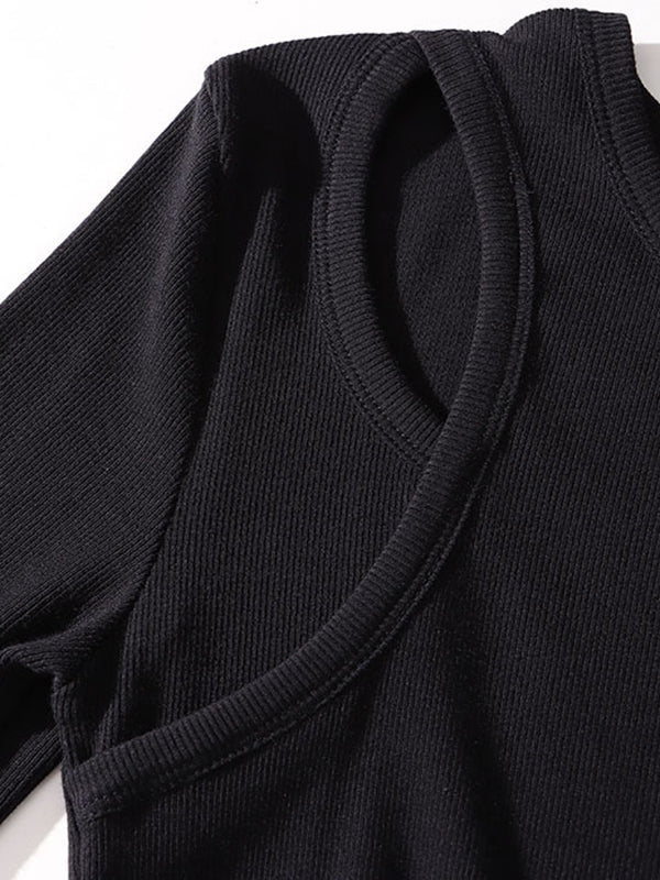 A-Line Long Sleeves Elasticity Hollow Solid Color Split-Joint Round-Neck Midi Dresses