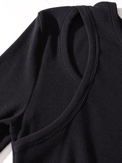A-Line Long Sleeves Elasticity Hollow Solid Color Split-Joint Round-Neck Midi Dresses