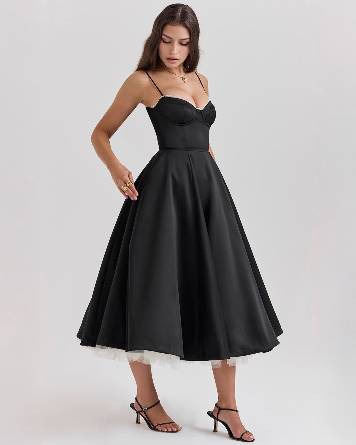 Bustier Spaghetti Strap Lace Trim Pleated Fit and Flare Midi Dress