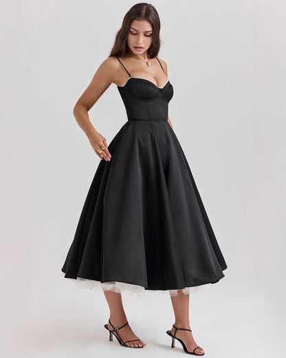 Sweetheart Bustier Spaghetti Strap Corset Tea Length Fit and Flare Midi Dress