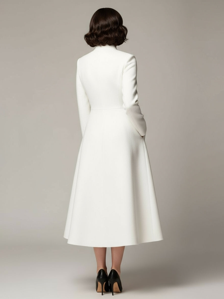 Vintage Stand-Collar A-line Woolen Flared Coat In White For Women 2026