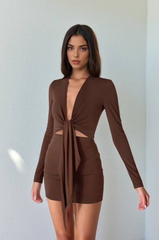 Plunging V Neck Side Cutout Tie Front Sash Long Sleeve Bodycon Mini Dress