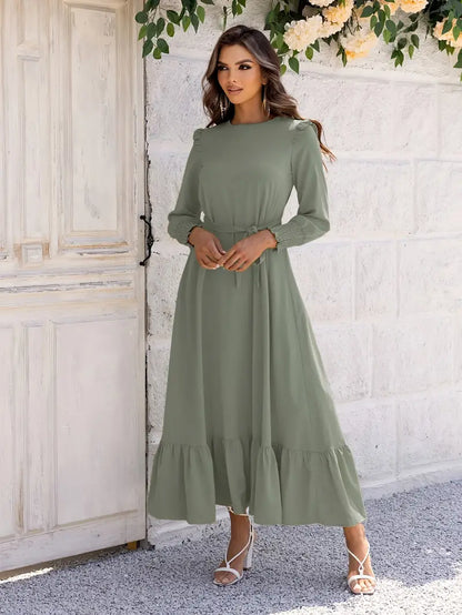 Crew Neck Smocked Cuff Tie-Waist Ruffle Hem Maxi Dress