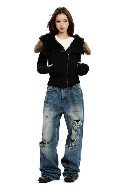 Fleece-Lined Hooded Fur-Collar Zip Short Jacket