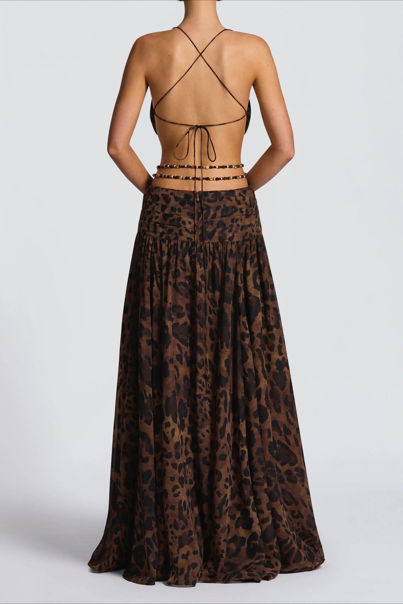 Chiffon Deep V-Neck Waist Cut Out Butterfly Buckle Chain Belt High Split Maxi Dress